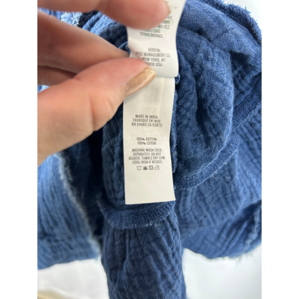 Aerie Blue Cotton Gauze Tiered Mini Dress V-Neck Raw Hem Boho XL - Picture 5 of 7
